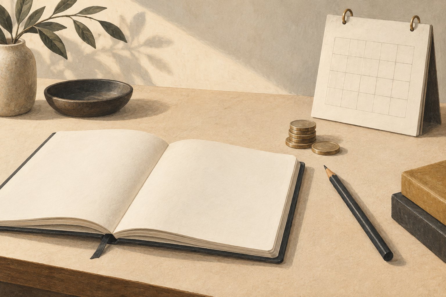 A still life of an open notebook with a hand-drawn flowchart, a coffee cup, a marble paperweight, and stacked books.