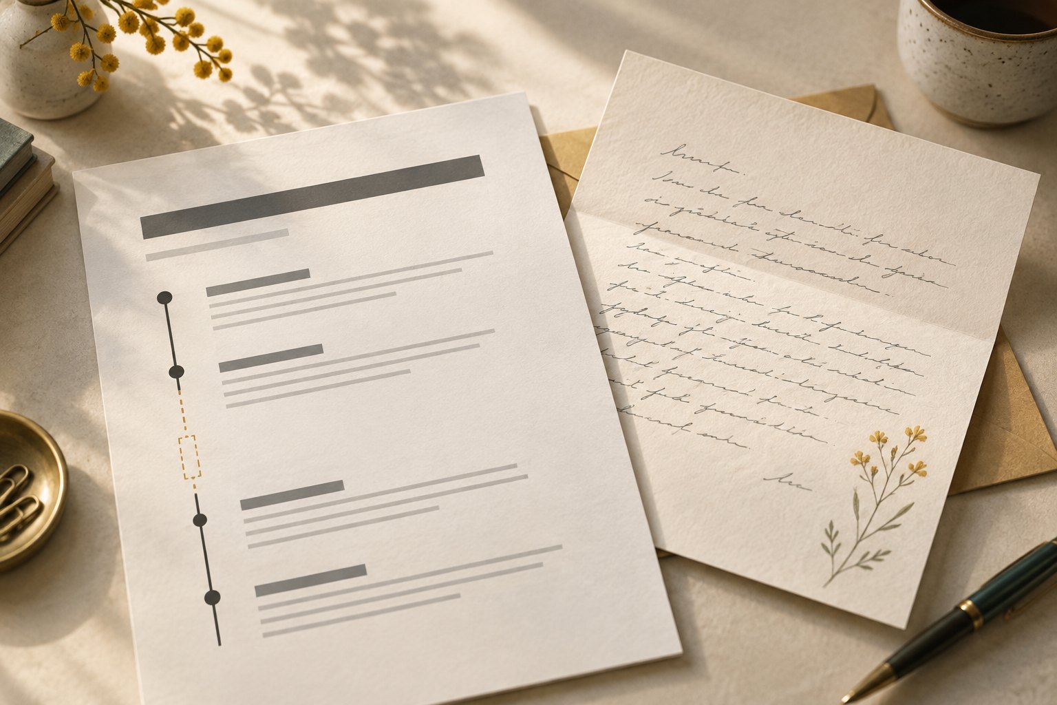 Two handwritten letters lie side by side on a table with a sprig of flowers, a coffee cup, and a pen.