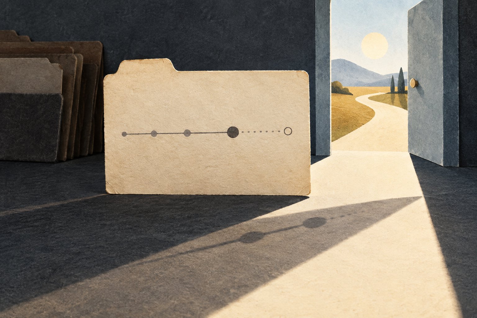 A manila folder stands in a dark room beside a progression of dots that fade toward a hollow circle, facing an open door to a bright road through the countryside.