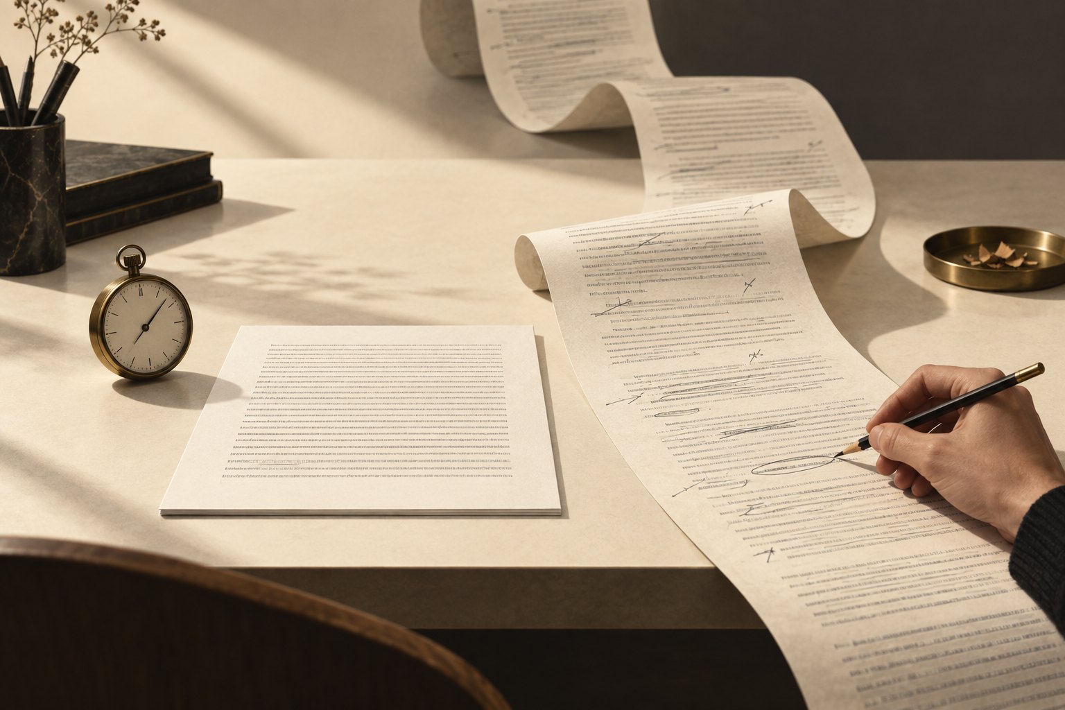 A hand marks up a long unrolled scroll of dense printed text next to a pocket watch and a shorter, clean printed page.