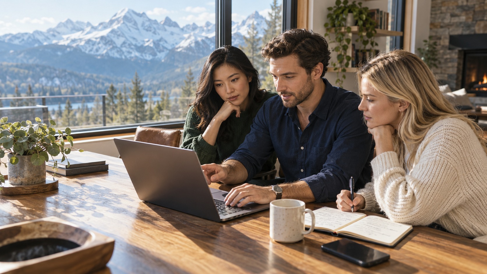 A manager points out something on his laptop screen while two colleagues lean in, with a mountain view behind them.